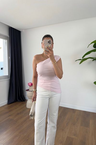 BİRCANÇİL Keta Pale Pink One Shoulder Blouse with Gather Detail on the Sides