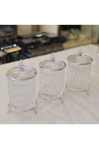 AlyaHomeAksesuar Set of 3 Footed Crystal Glass Sugar Bowl / Jar Set Silver