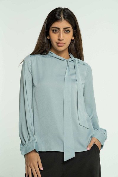 mica Solid Color Long Sleeve Blouse with Neck Tie