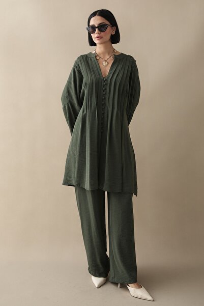 InStyle Nervürlü Kolu İpli Haki Ayrobin Takım