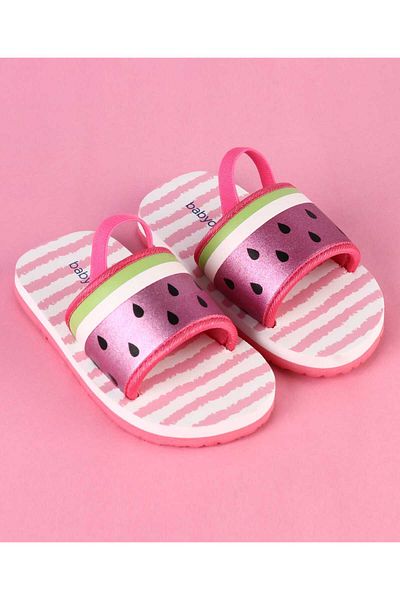 Babyoye Striped & Watermelon Printed Flip Flops with Back Strap - Pink