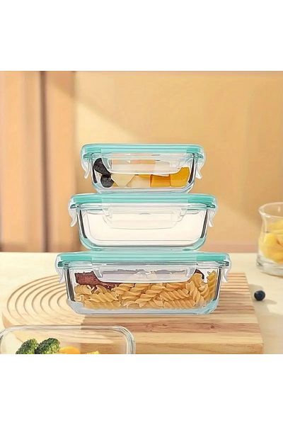 CİHO Set of 3 (1520-1040Ml-700Ml) Glass Sealed Vacuum Rectangular Storage Container with Airtight Lid