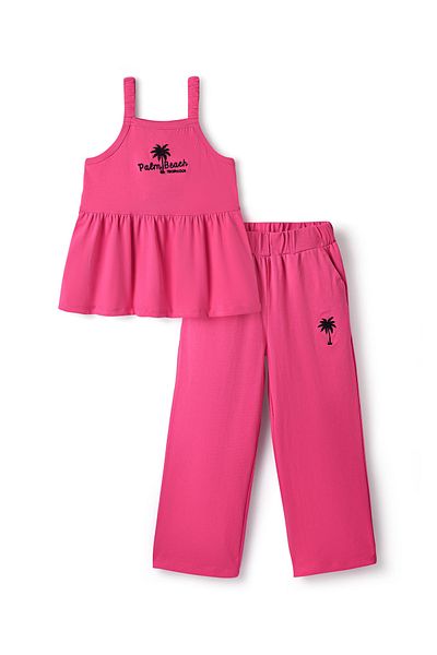 Primo Gino Primo Gino Cotton Knit Sleeveless Co-ords Top & Wide Leg Pants Set Beach Embroidery-Hot Pink