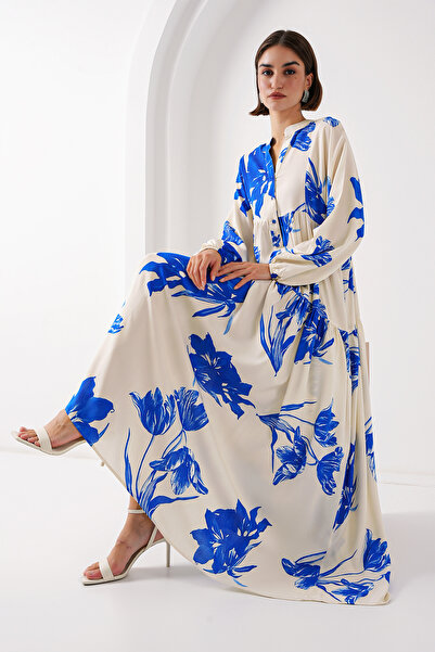 Merterium Women's Patterned Hijab Dress A.Ekru 1010