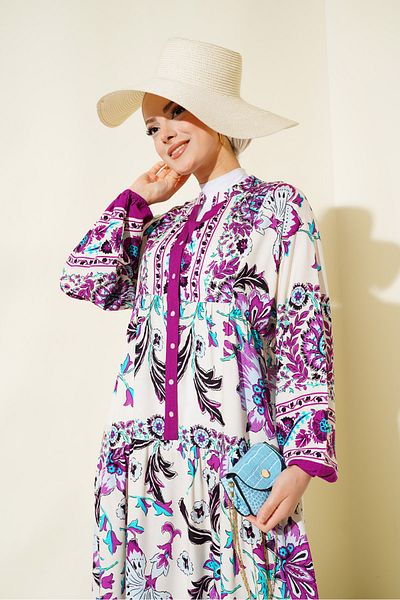 Merterium Women's Patterned Hijab Dress Plum 1010