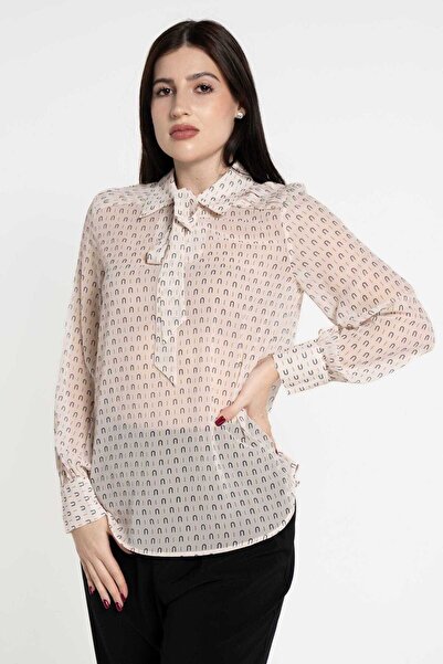 mica بلوزة نسائية مطبوعة بأكمام طويلة ورقبة وشاح