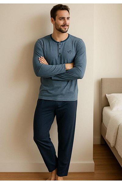 TOSKI Men's Cotton Pajamas – Long Sleeve Top and Long Pants, Light Blue