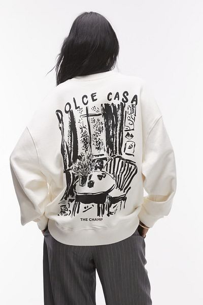 The Champ Clothing Unisex White Crew Neck Sweatshirt Dolce Casa Printed 3 Thread Hooded Oversize