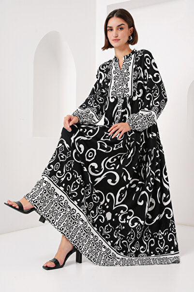 Merterium Women's Patterned Hijab Dress Black 1010
