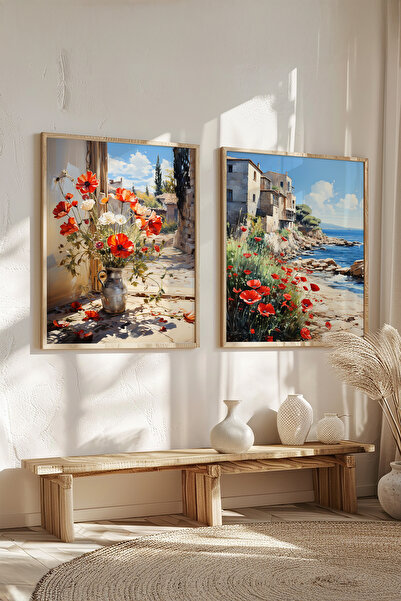 STARYUNA Pictură cu efect de pictură în ulei, set de 2 picturi peisaj cu rama din lemn Yuna144