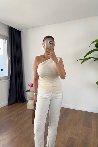 BİRCANÇİL Keta Ecru One Shoulder Blouse with Gather Detail on the Sides