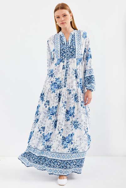 Merterium Women's Patterned Hijab Dress Blue White 1010
