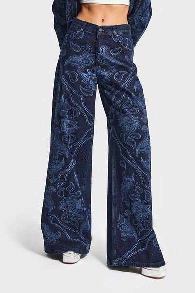 its basic Women's Dark Blue Color 9W5-5 Palazzo Fit Shiny Stone Patterned Special Design Denim Jean