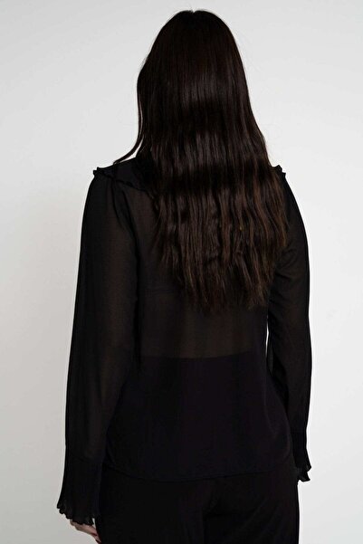 mica بلوزة نسائية شفافة بأكمام طويلة مع كشكشة على الصدر