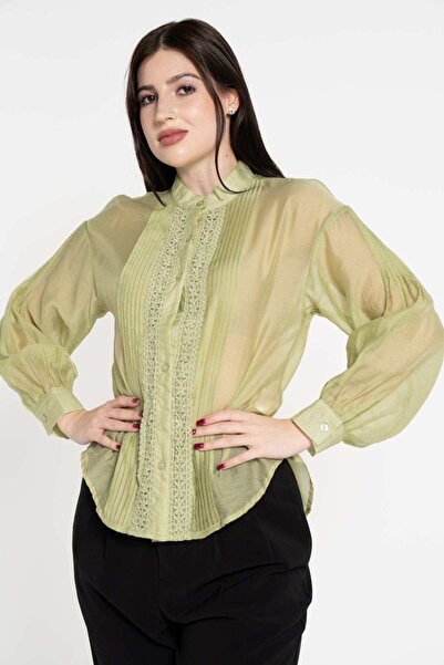 mica بلوزة نسائية شفافة بأكمام طويلة وأزرار أمامية