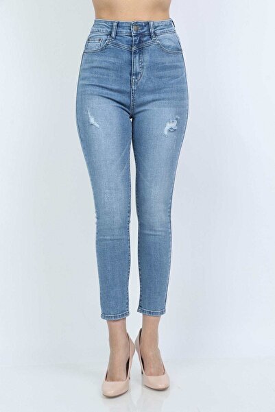 mica بنطلون جينز نسائي طويل بخصر عالٍ وممزق