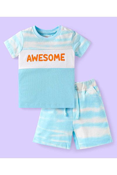 Babyhug طقم تي شيرت وشورت من قماش جيرسي محبوك بتصميم قص وخياطة وطبعة رائعة - أزرق فاتح