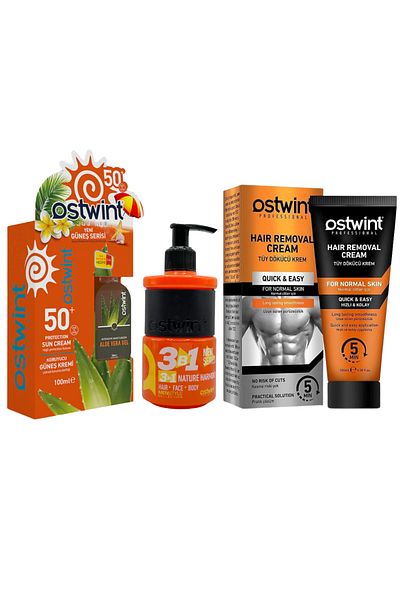Ostwint Sunscreen SPF 50+ Aloe Vera Gel 100ml + 100ml 3 in 1 Shower Gel 250ml Depilatory Cream Normal 100ml