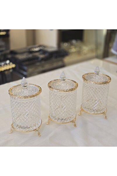 AlyaHomeAksesuar Set of 3 Footed Crystal Glass Sugar Bowl / Jar Gold