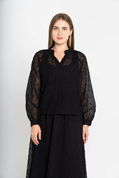 mica بلوزة كلاسيكية شفافة بأكمام طويلة وأكمام منفوخة