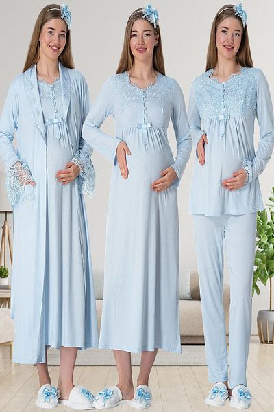 Mavelle Women's Lace Detailed Pregnant Maternity Nightgown Pajamas Bottom Top Set Suit 1924