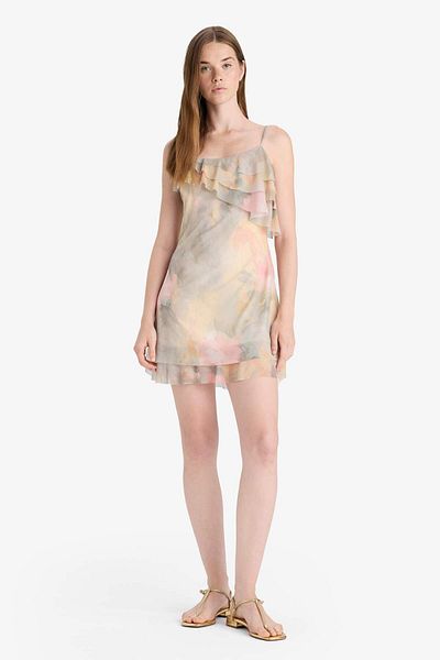 DeFacto Ruffled Neckline Floral Print Tulle Strap Mini Dress F6148Ax25Au