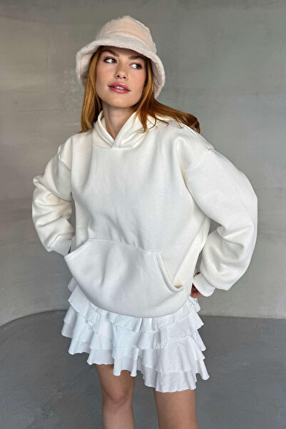 Cappmoda Swt-20311 White Hooded Three Thread Raised Fabric Sweatshirt