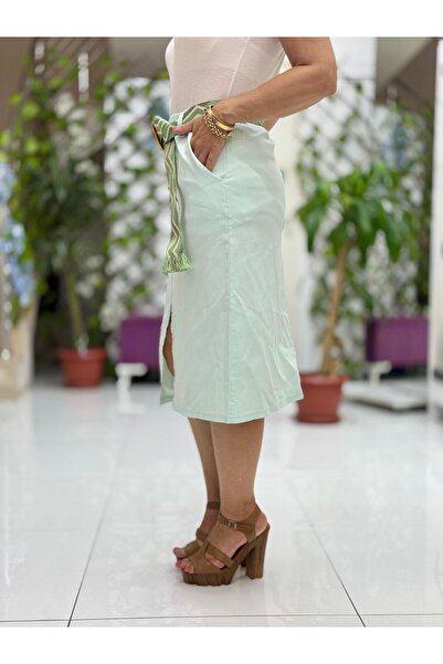 Punta Otantik NC60640 Fusta midi italiană din in lycra cu deschidere frontală și curea etnică, culoare mentă