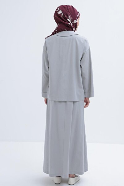 ALLDAY Gray-Baby Collar Linen Skirt Suit