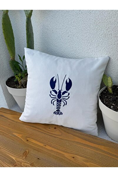 ref crea Re Marine Lobster Embroidered Throw Pillow Case White - Navy Blue