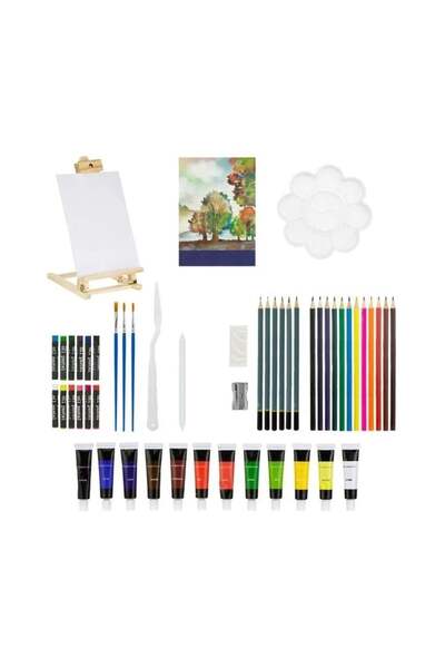 divendi-ro Set de pictură cu vopsea acrilică, șevalet și 62 de accesorii, lemn, 26×7×54 cm