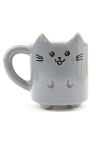 PALTO TASARIM Meow 14 Handmade 3D Gray Glossy Mug - Handmade Ceramic Mug