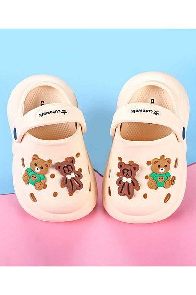 Cute Walk by Babyhug Back Strap Closure Clogs with Bear Applique - Off White