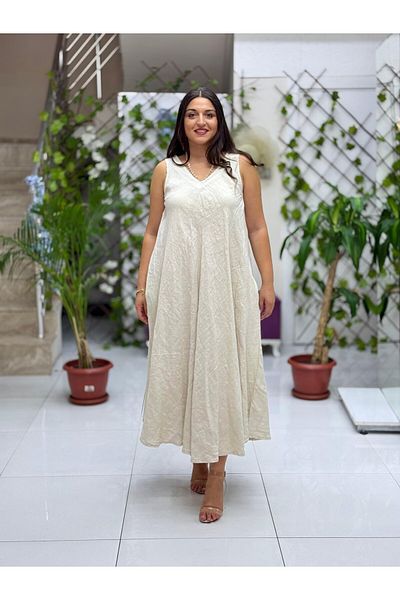 Punta Otantik Nc14916 Italian Sleeveless Linen Dress Cream