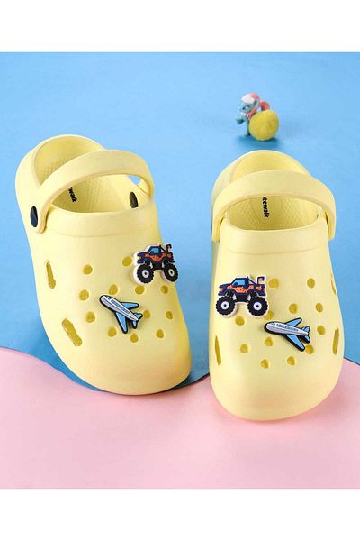 Cute Walk by Babyhug Backstrap Closure Clogs With Aeroplane & Monster Car Applique - Yellow