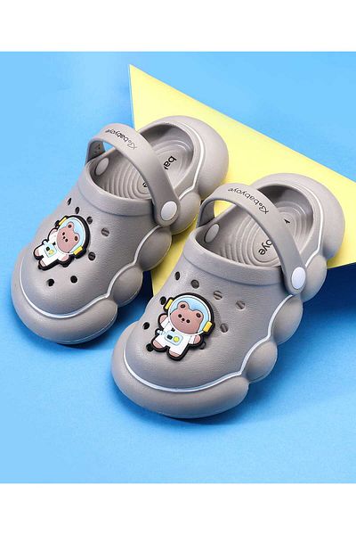Babyoye Clogs with Back Strap Closure & Bear Applique - Grey