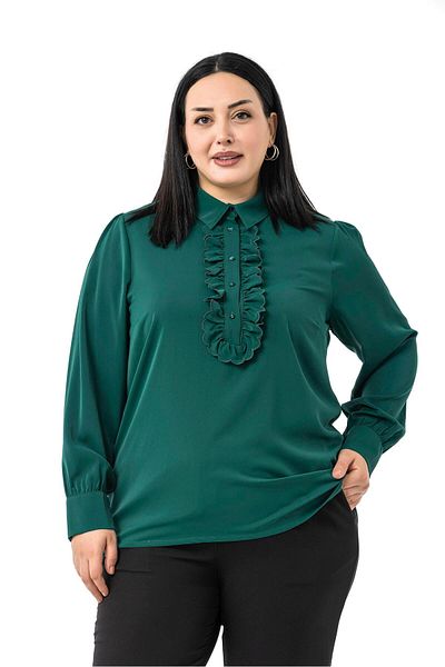 DISENTIS MODEST Plus Size Smocked Front Detail Shirt Collar Cuff Emerald Green Shirt