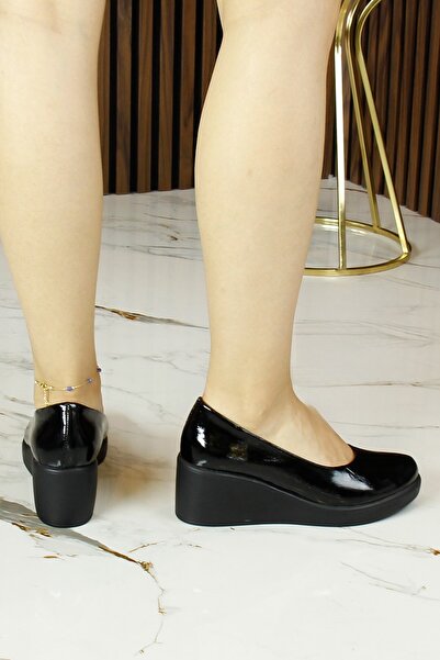 Erkan Saçmacı Mabel Black Patent Leather Genuine Calf Leather Wedge Heeled Casual Shoes