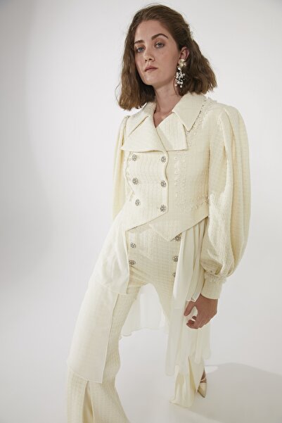 Qui Prive Kadın Örme Tül Detaylı Düğmeli Ceket