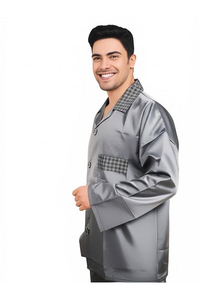 Oppland Set pijamale bărbați din țesătură satinată model clasic cu buzunare confortabil model complet OPEPT25PIEROMOD87