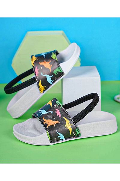 SAPS Dinosaur Printed Back Strap Closure Sliders - Grey & Black