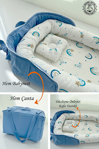Jaju Baby Çantalı Babynest Taşınabilir Anne Yanı Pazen Kumaş Bebek Yatağı %100 Pamuk