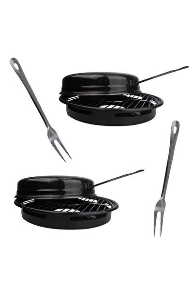 MetaloChimice Pachet - 2 x Grill Emailat cu capac, maner si gratar din inox + 2 x Furca alimente din inox