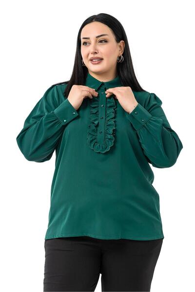 DISENTIS MODEST Plus Size Smocked Front Detail Shirt Collar Cuff Emerald Green Shirt