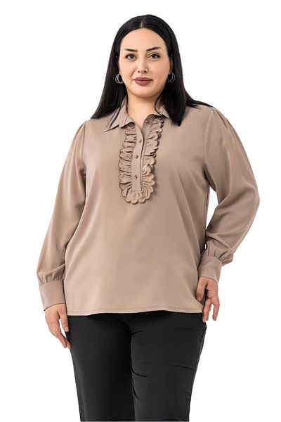 DISENTIS MODEST Plus Size Front Ruffle Detail Shirt Collar Cuff Mink Shirt