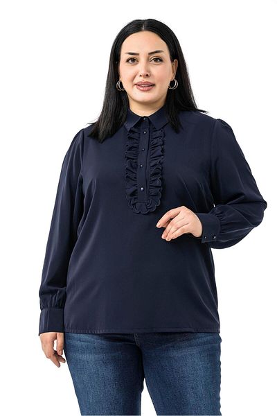 DISENTIS MODEST Plus Size Navy Blue Shirt with Ruffle Detail on the Front and Shirt Collar Cuff