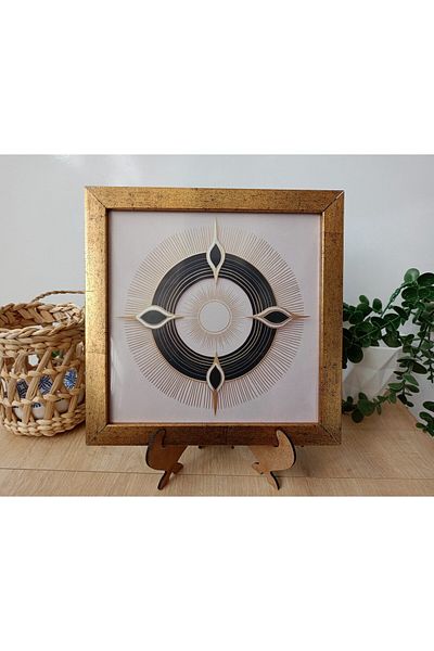 Wooden Factory Geometric Modern Desktop Painting with Gold Frame - Decorative Aesthetic Minimalist Art Decor