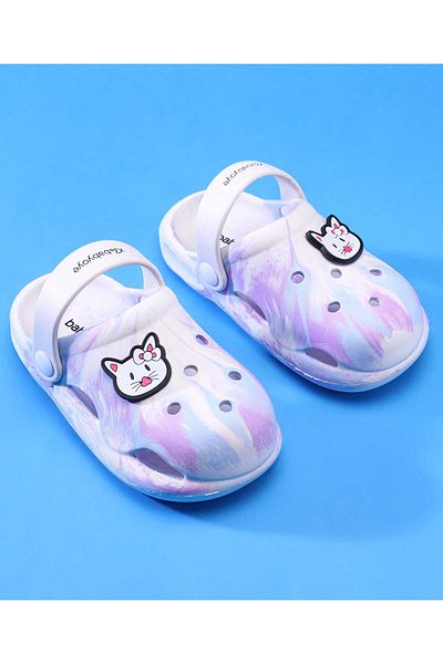 Babyoye Clogs with Back Strap Closure & Cat Applique - White & Lavender