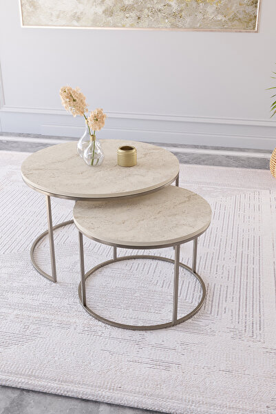 Dekoport Milas Orta Ve Zigon Sehpa Seti - Traverten Desen