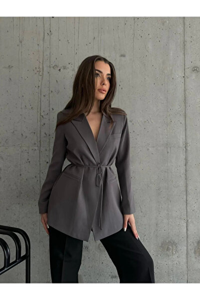 polle Kadın Antrasit Bel Bağlamalı Blazer Ceket